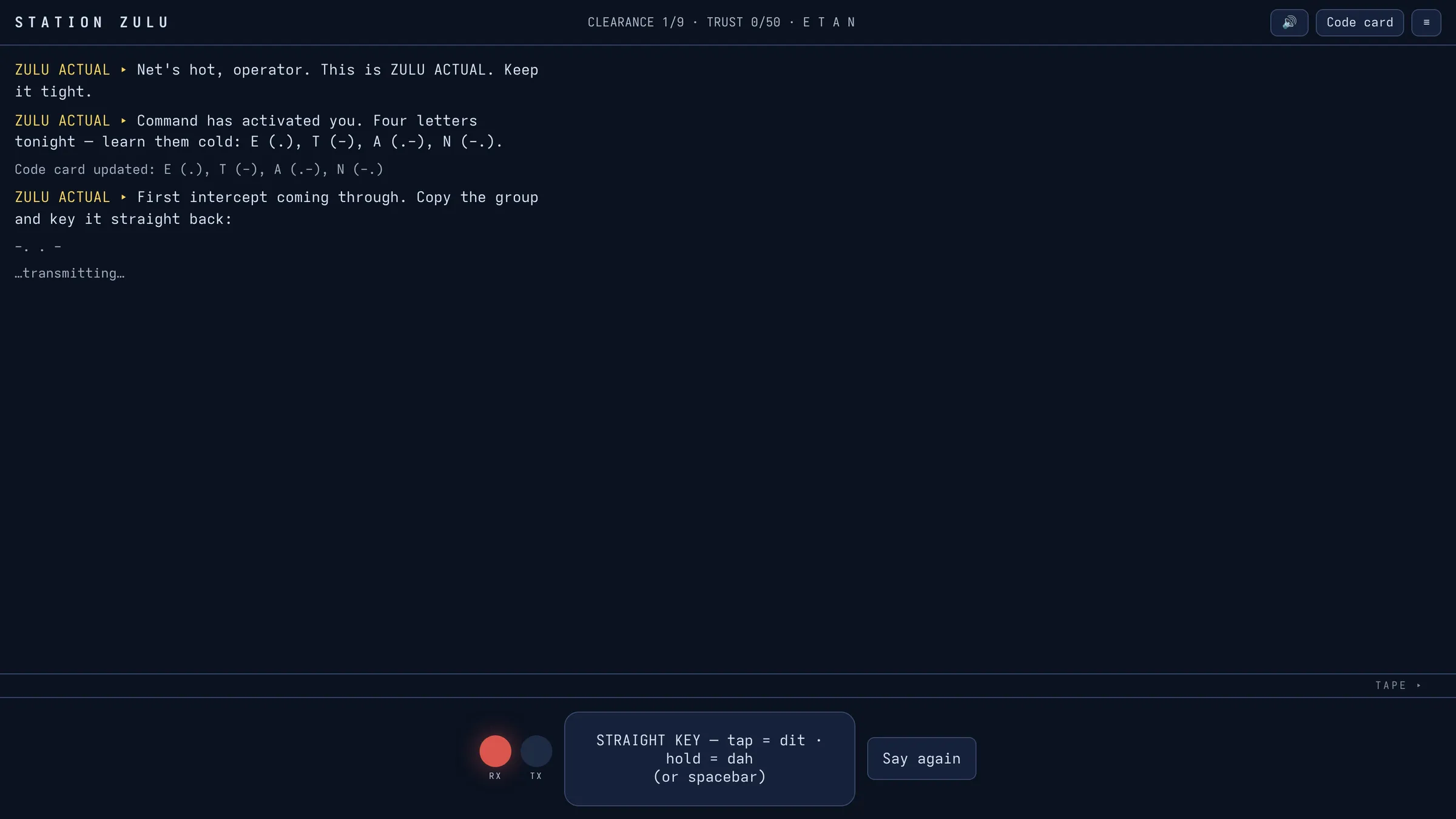 Station Zulu gameplay — first intercept transmitting, RX lamp lit, straight key ready to send it back